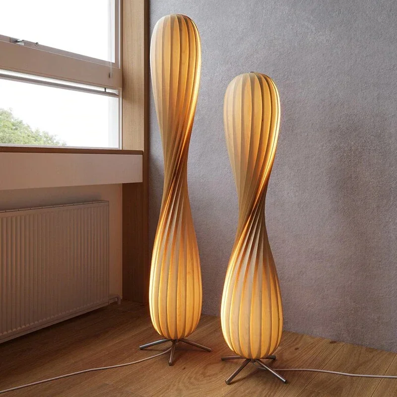 Japanese-style Wood LED Floor Lamp Dimming Parlor Bedroom Lighting Fixtures Spiral Shape Home Deco Atmosphere Luminaire