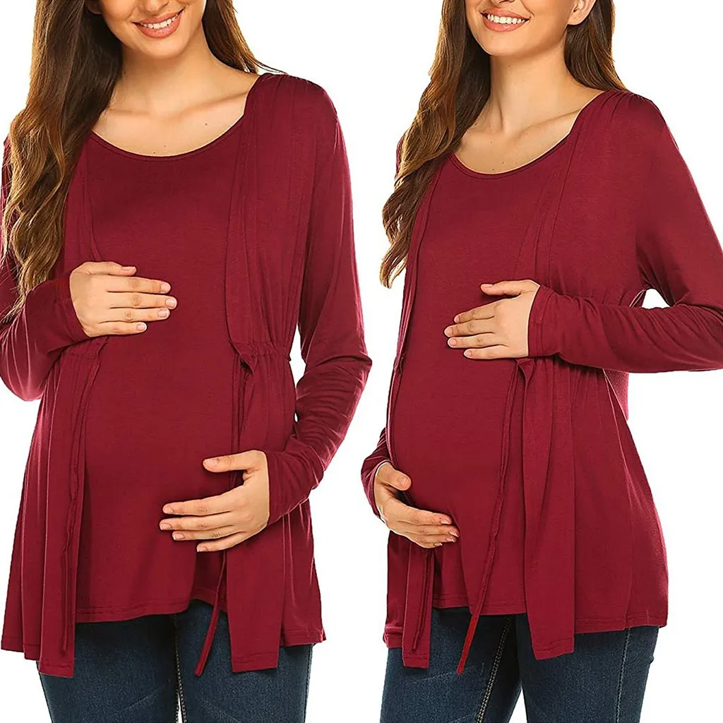 Women T-Shirt Pregnancy Double Layer Tops Long Sleeve Solid Color Tops For Breastfeeding Maternity Blouse With Drawstring 2024