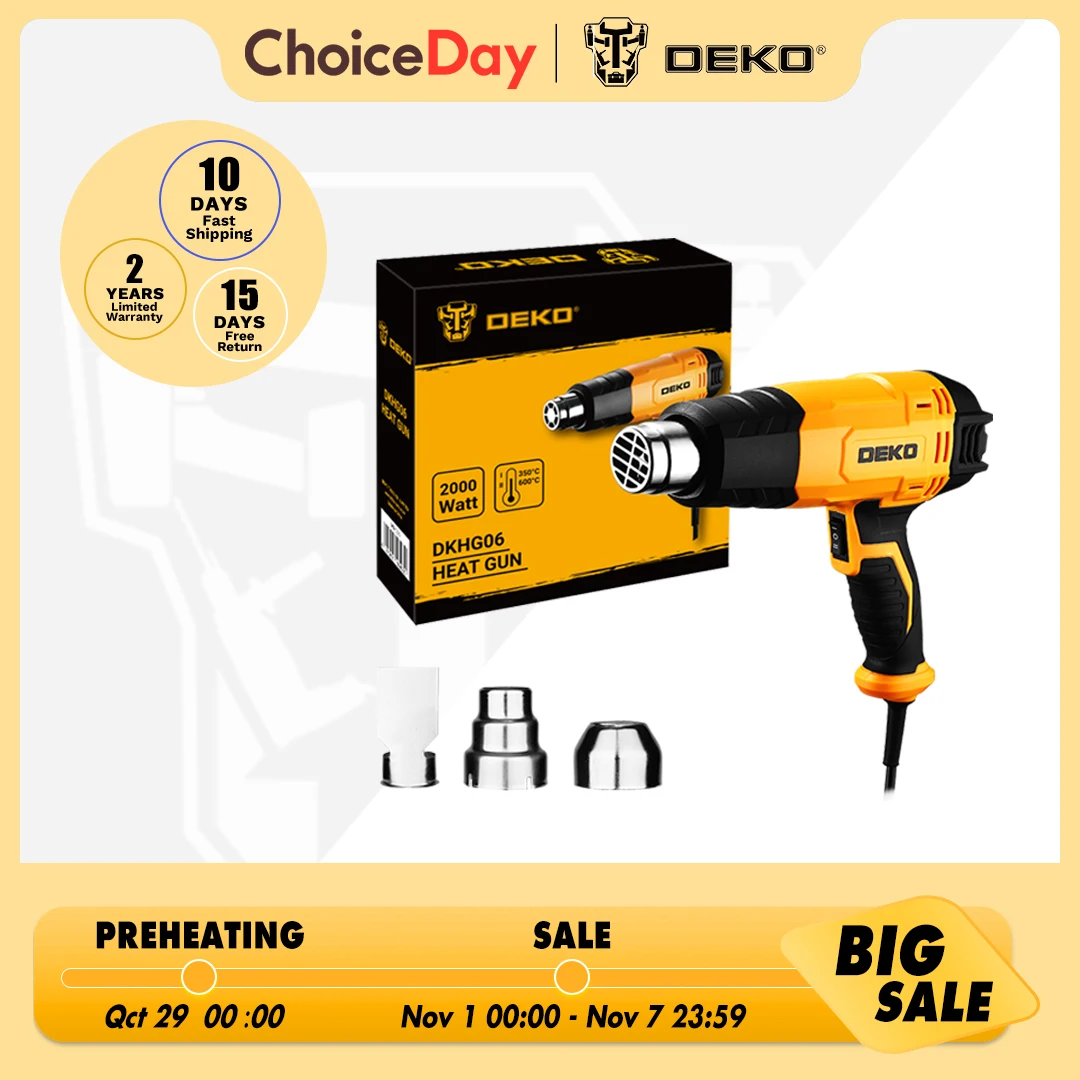 

DEKO DKHG06 2000W Heat Gun 2 Temperature Adjustment 3 Accessories Advanced Electric Hot Air Gun Electric Tools