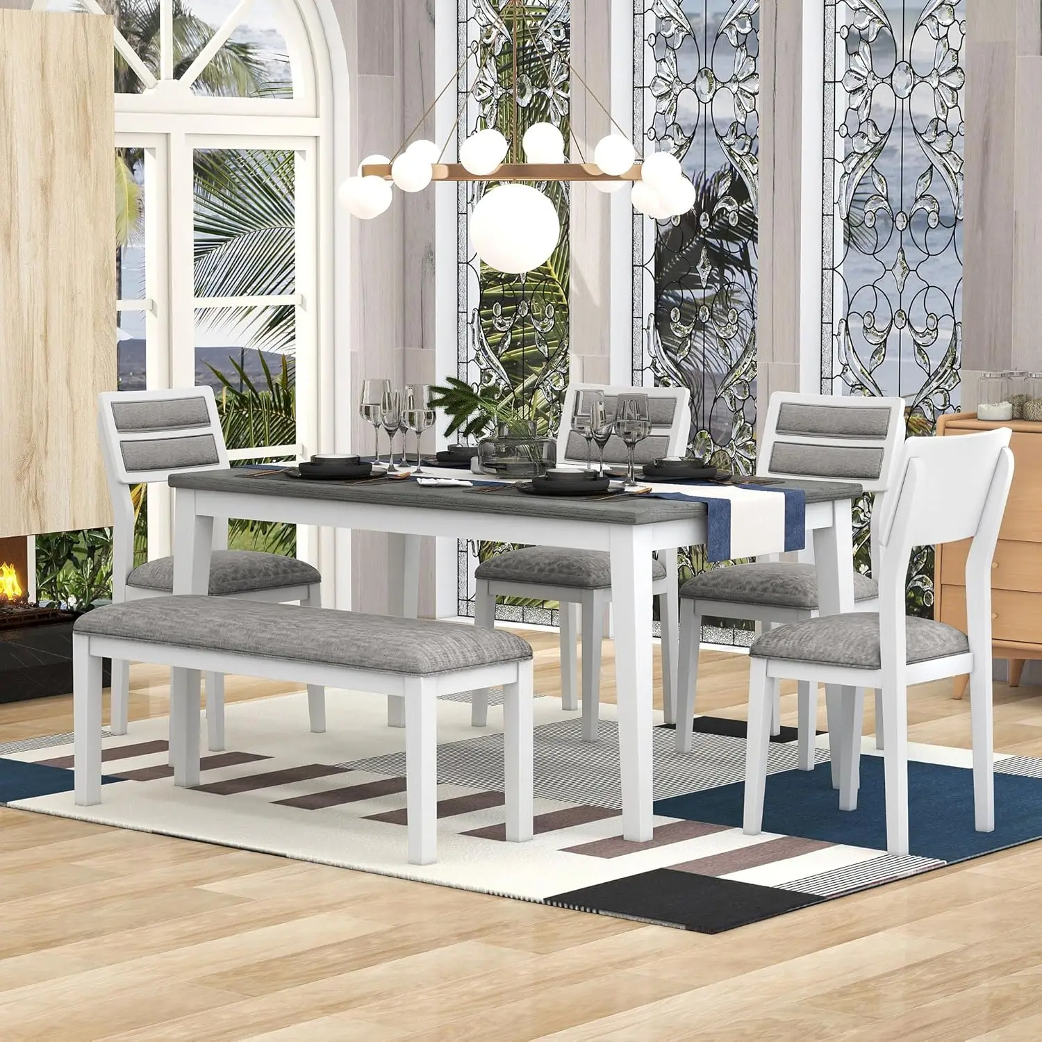 6-Piece Kitchen Table Set, Classic and Traditional Solid Wood Dining Table Set with 4 Upholstered Chairs & Bench for Kitchen