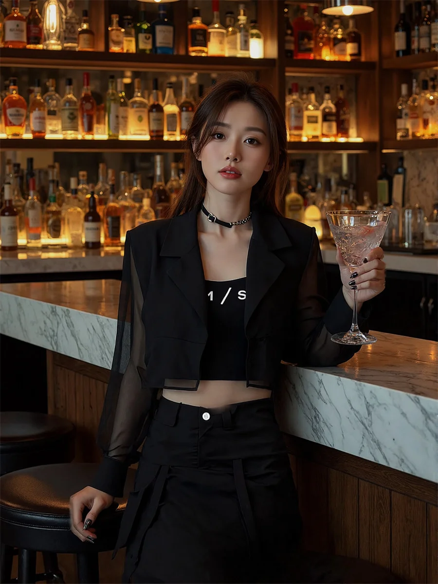 

Sun-proof Cropped See-through Back-Slit Blazers Elegant Woman Clothes For Women Lady Leopard Printing Blended Daily Sun-Proof OL