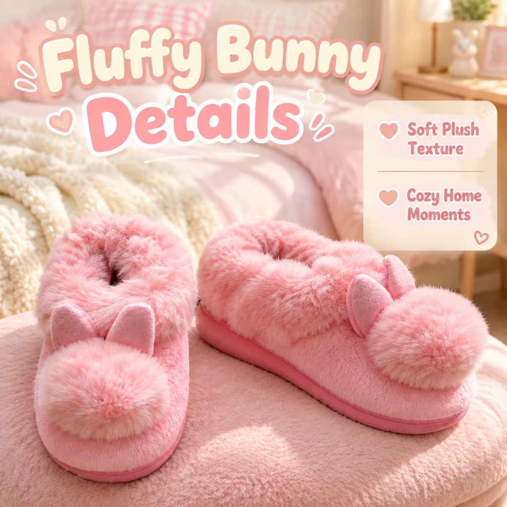 Damen-Hausschuhe mit Hasenohren, Plüsch, Winter, geschlossener Rücken, flauschig, warm, rutschfest, für Zuhause, Schlafzimmer, Innenbereich – Detail 2