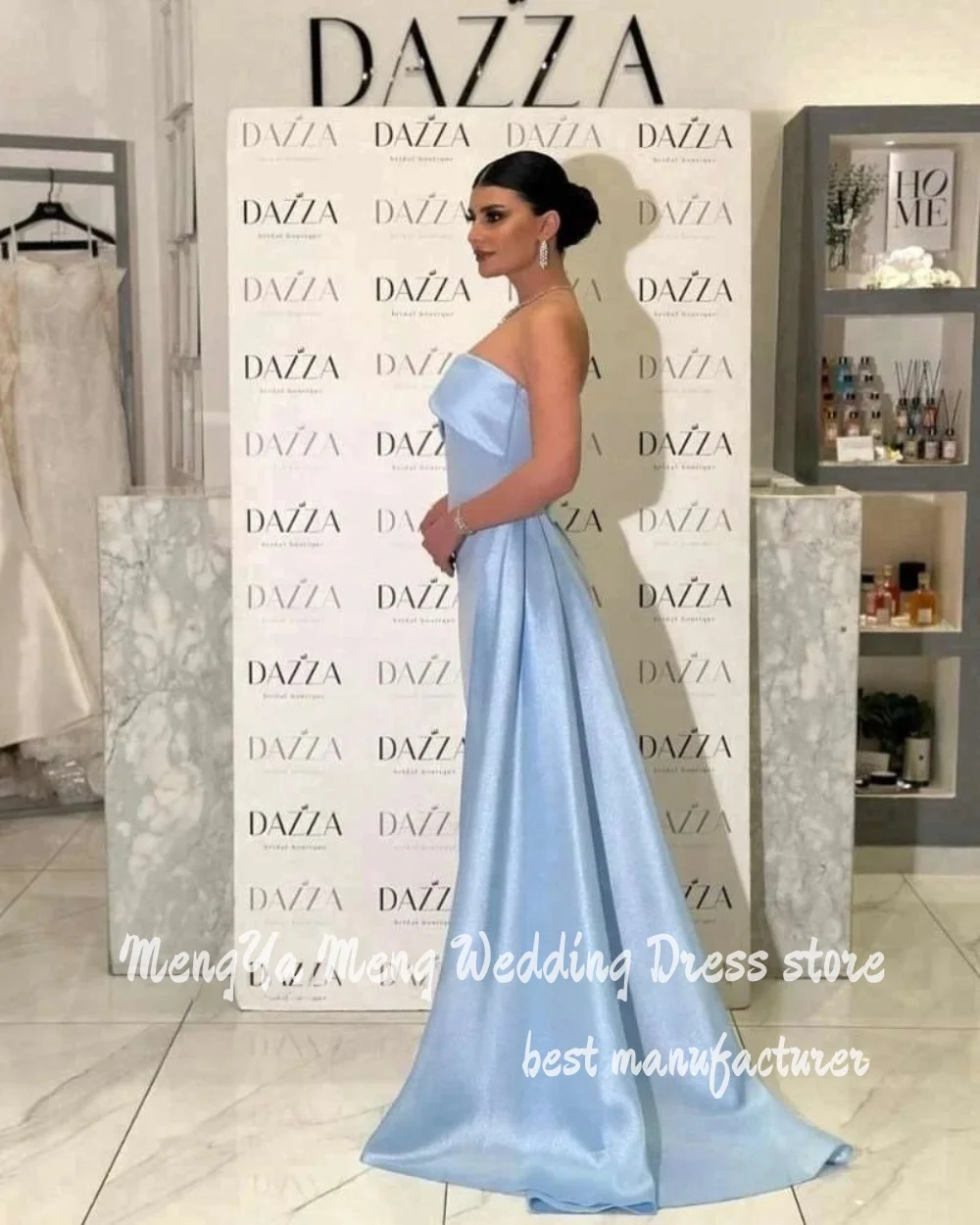

ZHUISHU Elegant Light Blue Formal Evening Dresses Dubai Arabic Wedding Party Strapless Satin Long Prom Gowns Vestidos Customized