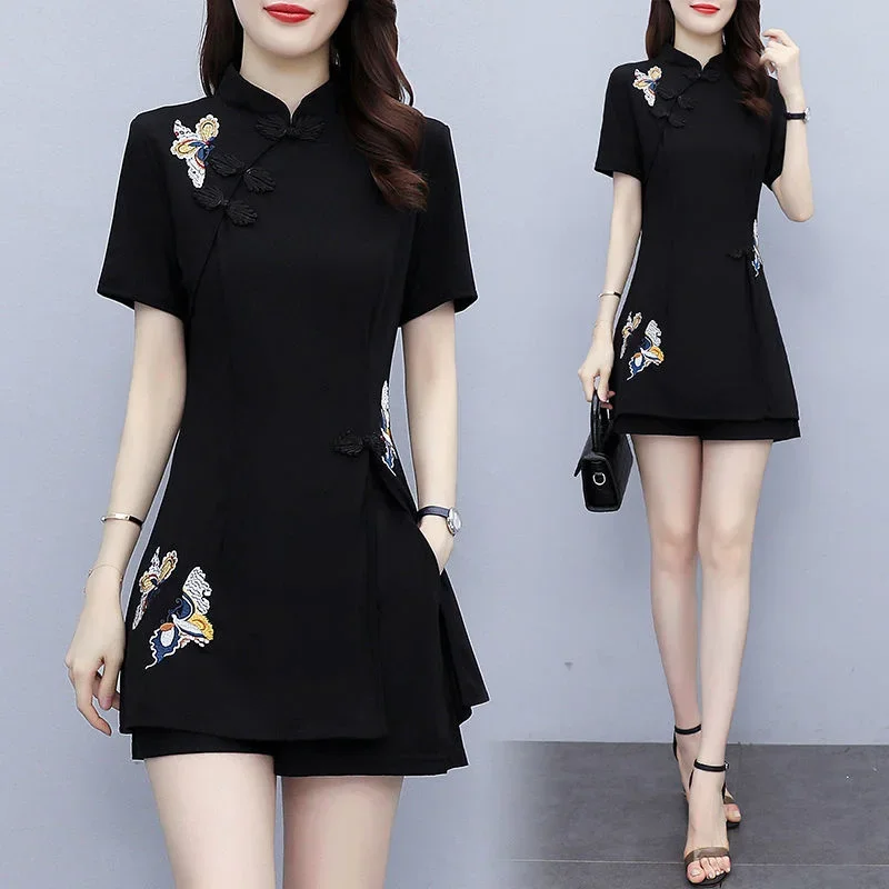 Women's Suit Chinese Style Clothes Two Piece Sets 2025 Summer New Crop Top And Shorts Retro Cheongsam Outfits Matching For Women