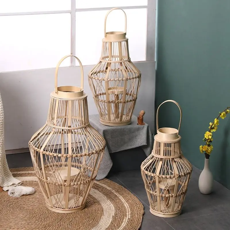 Creative Wind Lamp Floor to Floor Candlestick Bamboo Weaving Handheld Lantern Villa New Chinese Decorative Decoration