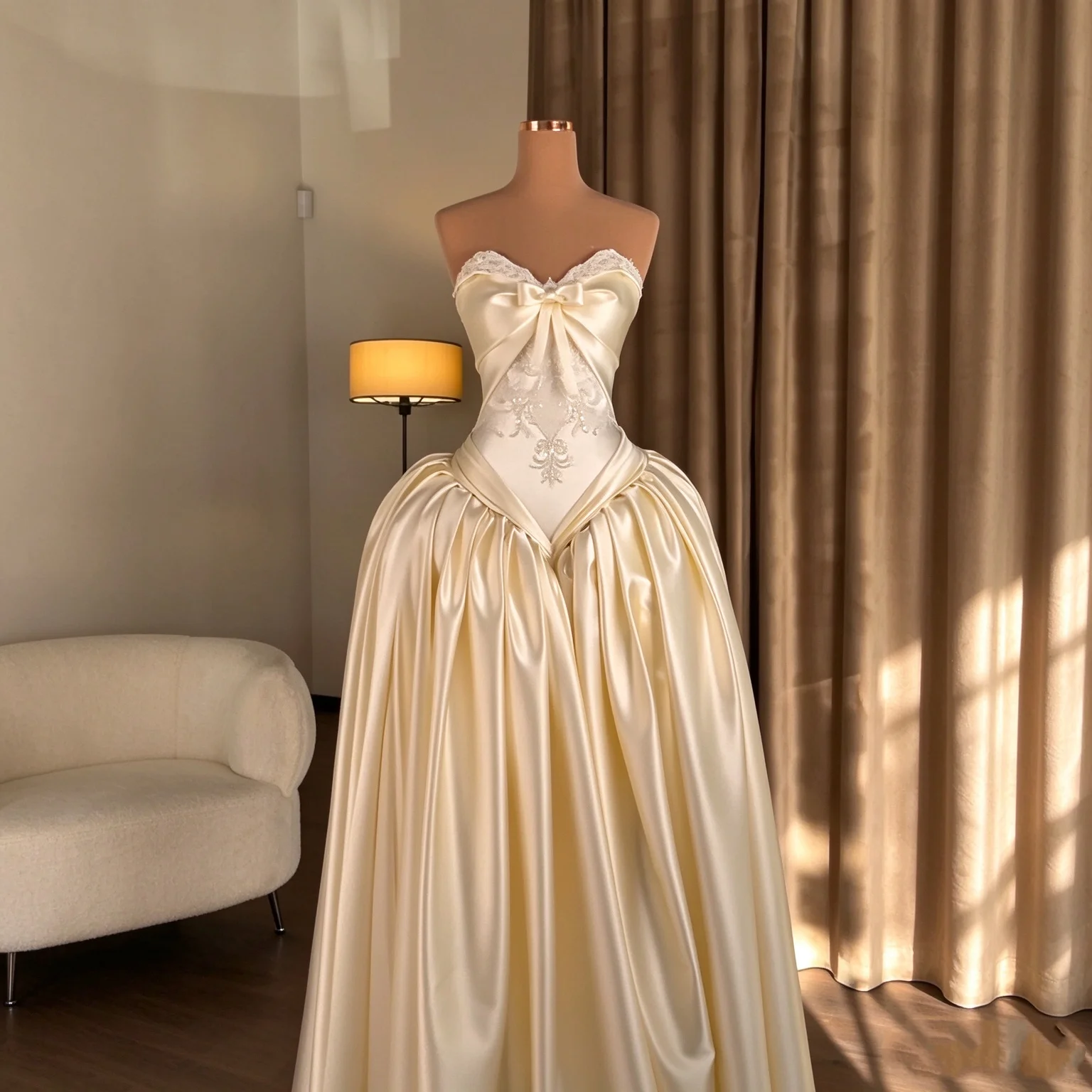 Customized A Line Wedding Dress Strapless Sweetheart Bow Heavy Satin Ruched Vintage Corset Bridal Gowns Luxury Vestidos De Novia