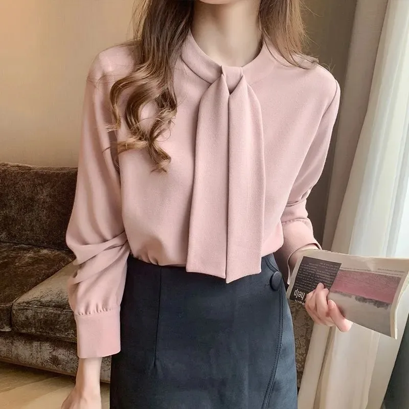 

Spring Women's Stand Collar Self-Tie Bow Long Sleeve Loose Chiffon Casual Tops