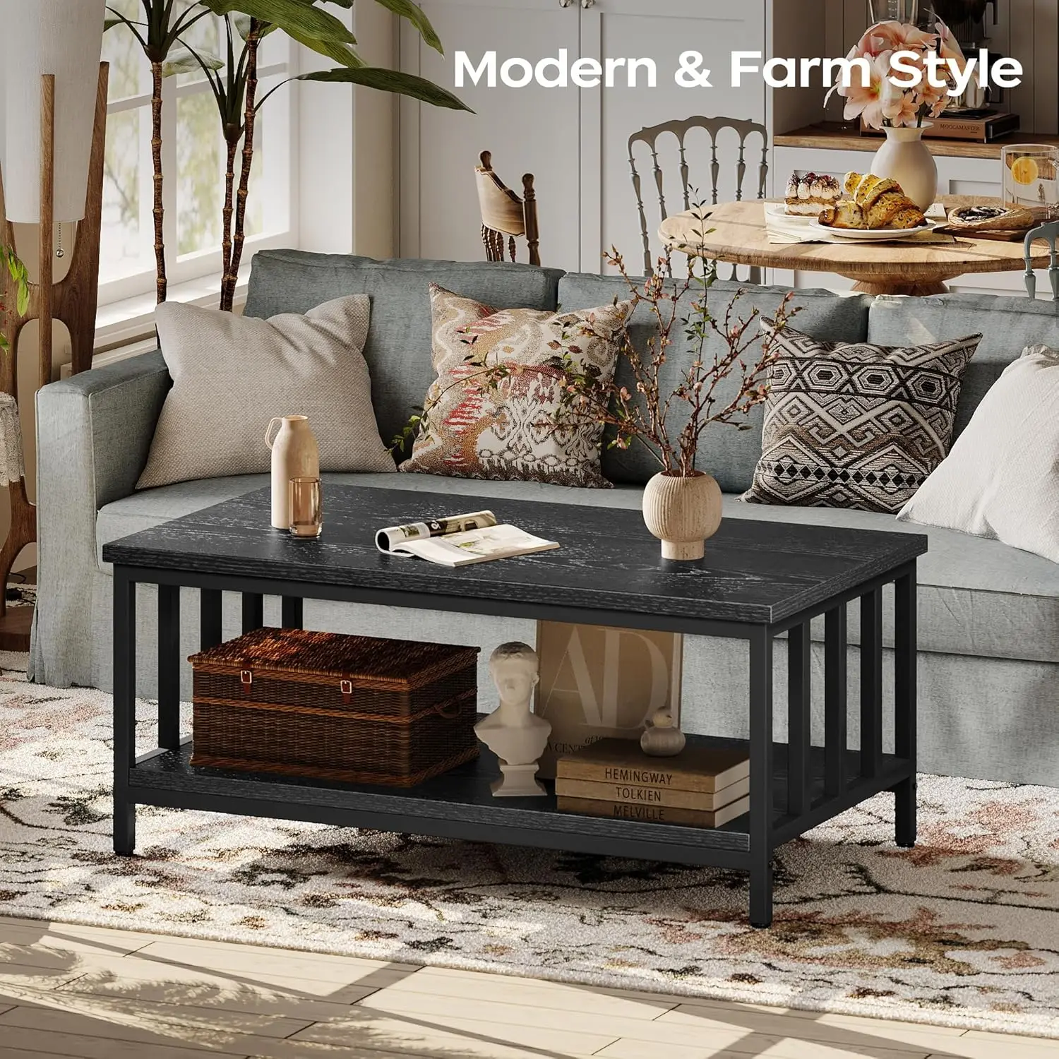 Coffee Table for Living Room with Slatted Sides Frame, Modern Farmhouse Living Room Table with 2-Tier Storage Shelf