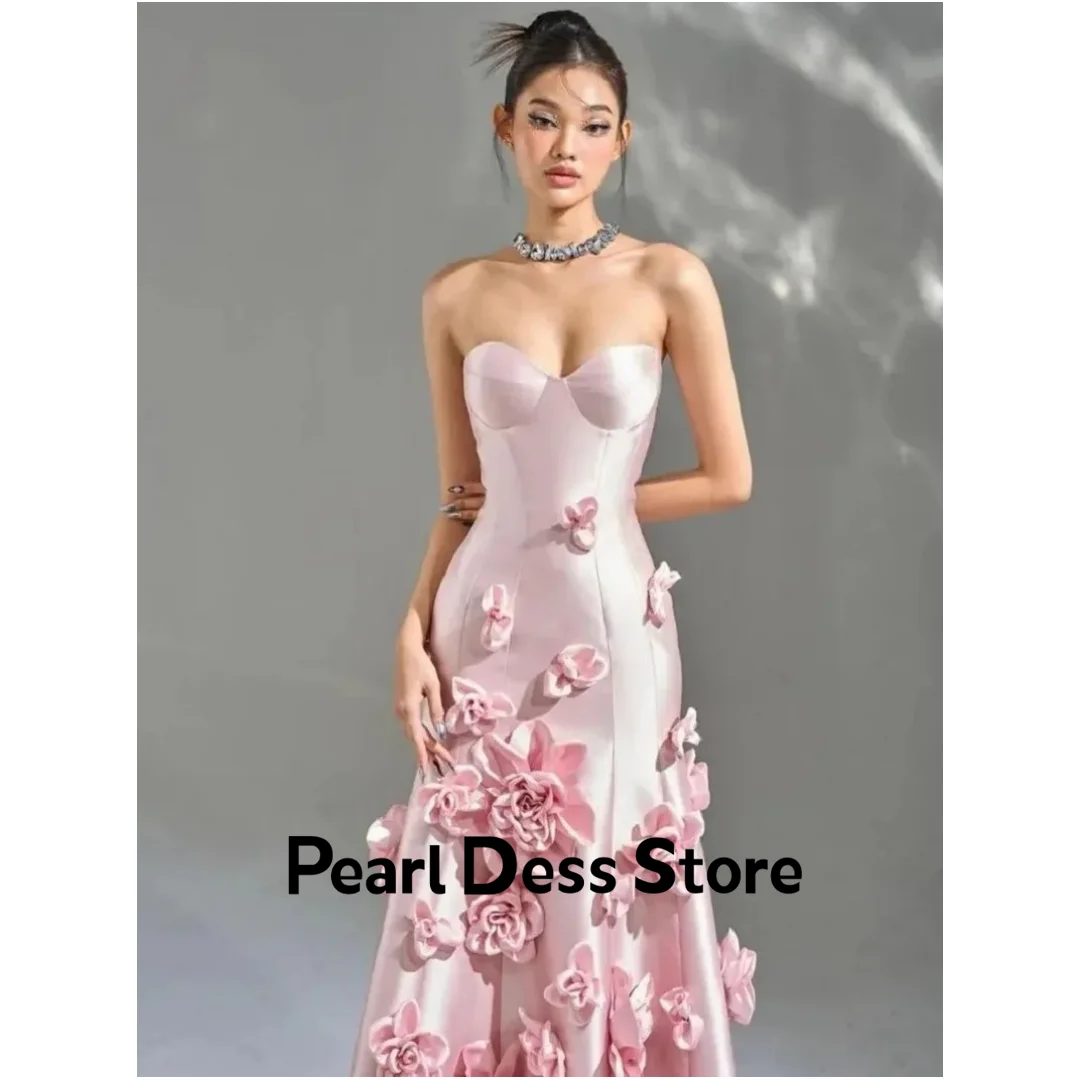 Pearl Evening Dresses Woman Elegant Chic Dress Es Satin Elegant Formal Dresses for Women 3D Flowers Off the Shoulders Long Skirt