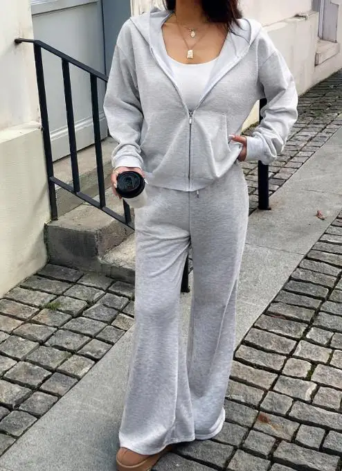 

Two Piece Set Women Outfit 2026 Spring Autumn New Long Sleeved Pocket Design Hooded Zipper Jacket & Casual Sports Long Pants Set