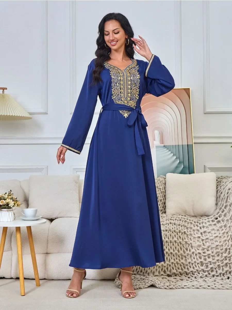 Embroidery Muslim Party Dress Women Abaya Eid Ramadan Vestidos Largos Dubai Robe Jalabiya Long Dress Belt Morocco Kaftan 2024