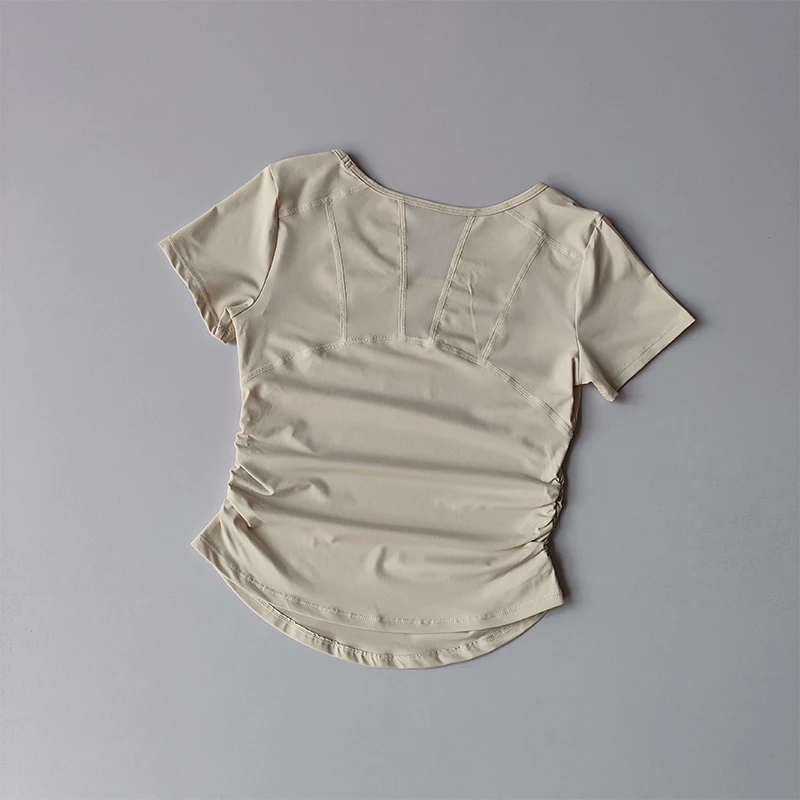 Sportliches Kurzarm-Sommer-Oberteil für Damen mit Taillenbetonung, Fitness-Trainings-Top mit Mesh-Einsätzen, atmungsaktiv, schnelltrocknend, Yoga-Anzug T-Shirt – Detail 4