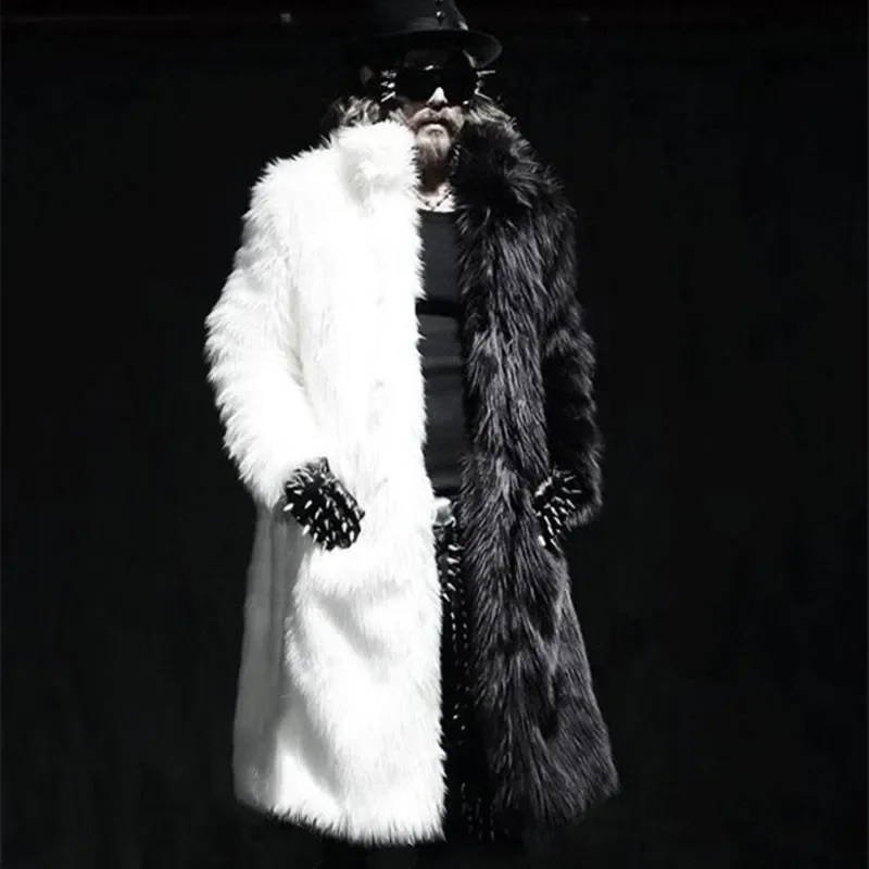 Fashion Black and White Patchwork Fur Coats Men's Winter Warm Long Faux Fur Trench Jacket Outerwear jaqueta masculina