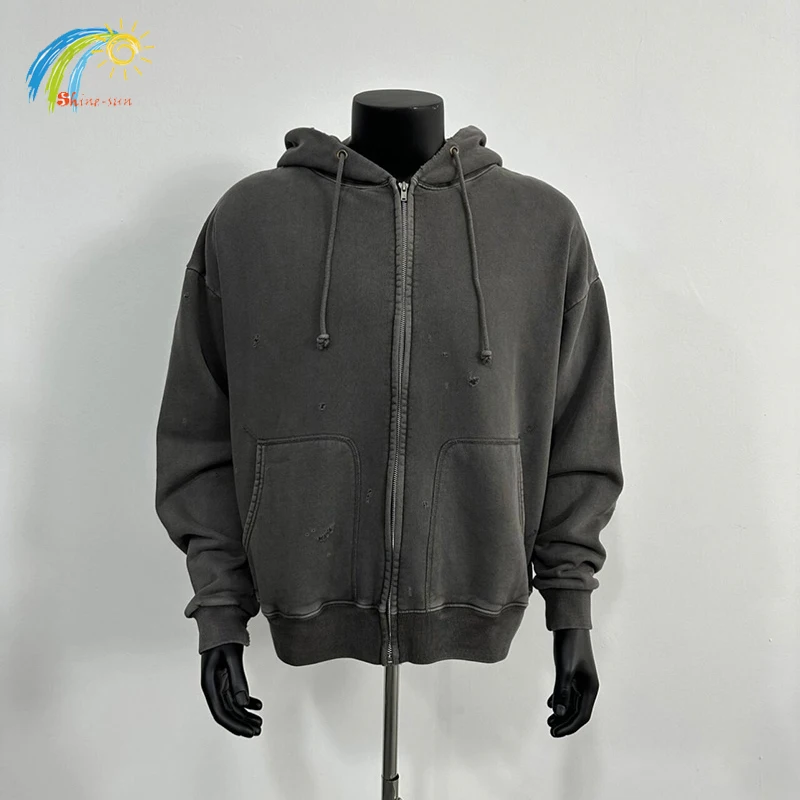 Heavy Fabric Cotton Vintage Washed Gray Saint Zipper Hoodie Men Women Streetwear Oversized Damaged Coats Inside Tags