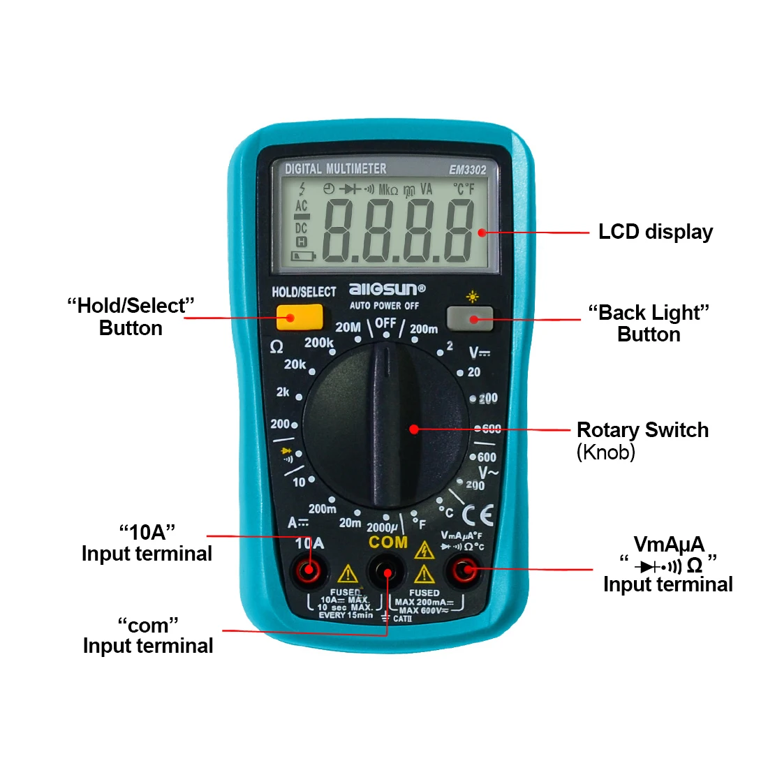 Portable Digital Multimeter Pocket AC/DC Ammeter Voltmeter Ohmmeter With Backlight All-sun EM3302