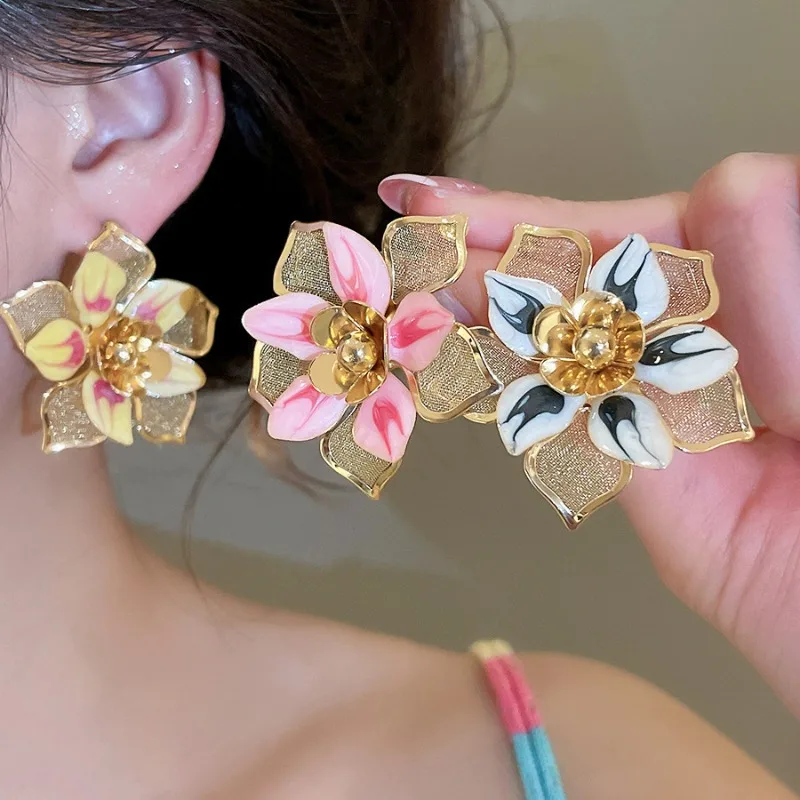 

Minar Korea Colorful Enamel Hollow Yarn Double Layered Flower Dangle Earrings for Women Gold Plated Iron Alloy Holiday Jewelry
