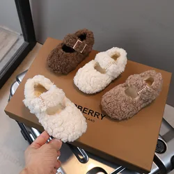 Moda Rhinestone Buckle Flats 2024 Winter New Children Fur Cover Toe Light Warm Kids Casual Shoe Plush Non-slip Mary Jane Shoe