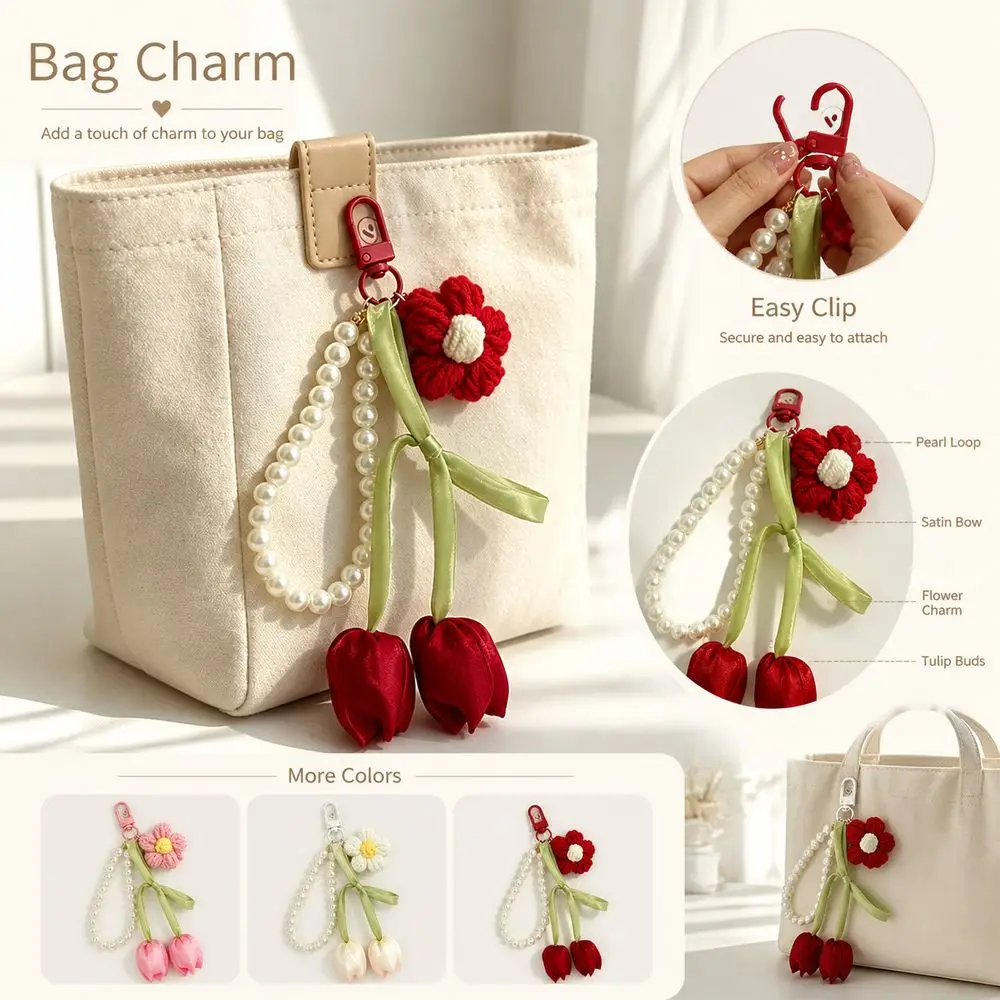 New Satin Ribbon Tulip Bag Charm Crochet Flower Easy Clip Purse Pendant Floral Style Tulip Shape Tulip Keychain Handbag Charm