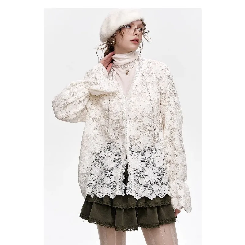 American White Layered Lace Shirt for Women 2025 Spring Autumn New Style High-end Chiffon Bottoming Shirt
