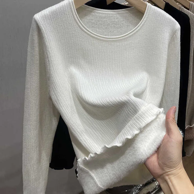 Suéter de punto para mujer, jerséis nuevos de manga larga, suéter femenino con cuello redondo, suéter de punto con forro polar negro, Jersey, Tops para mujer Q2058