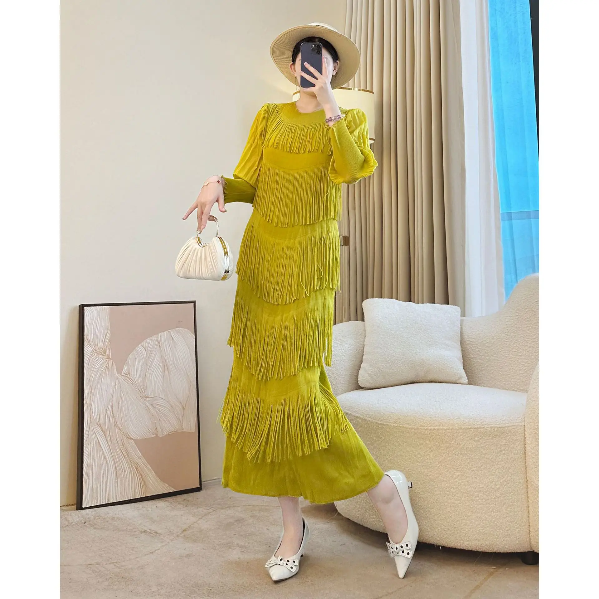 Miyake drapeado vestido plissado feminino outono moda multi camada borlas manga longa puff alta estiramento solto robe roupas de festa