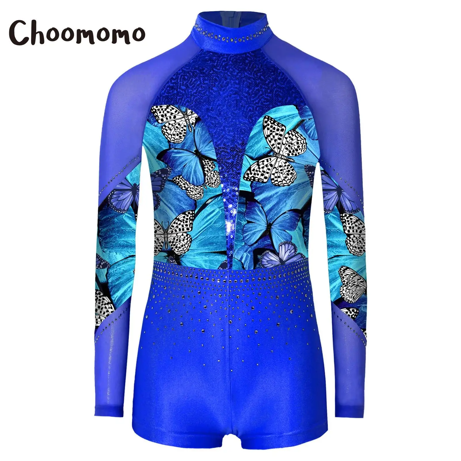 

Kids Girls Rhinestones Gymnastics Jumpsuit Ballet Jazz Dance Jersey Leotards Long Sleeve Mesh Sequins Skating Tumbling Outfits