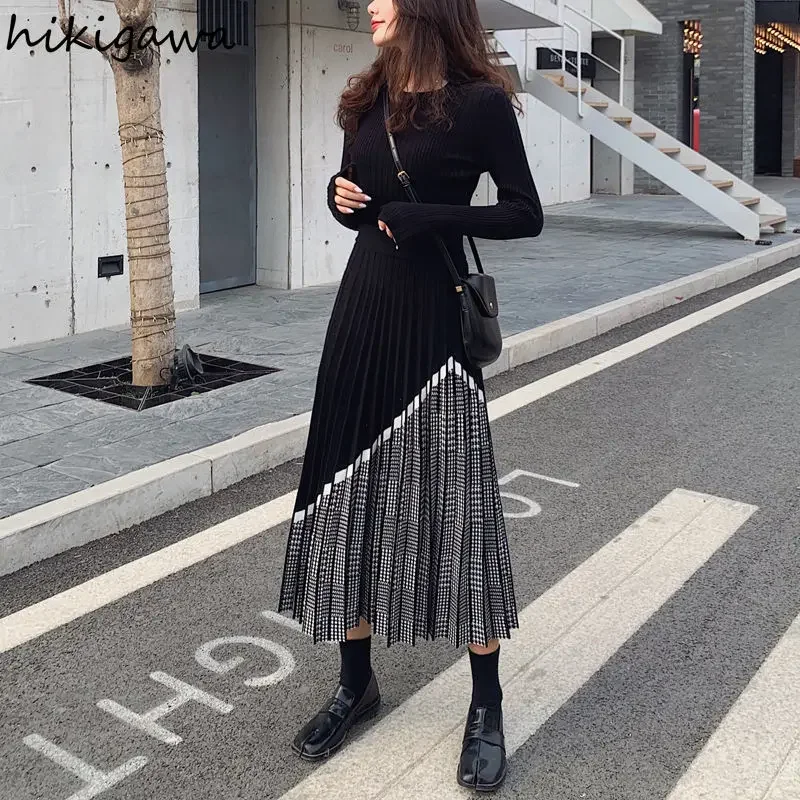 Vintage Skirts for Women Hihg Waist Slim A-line Long Jupe Patchwork Plaid Fashion Pleated Knit Skirt 2023 Faldas Mujer De Moda