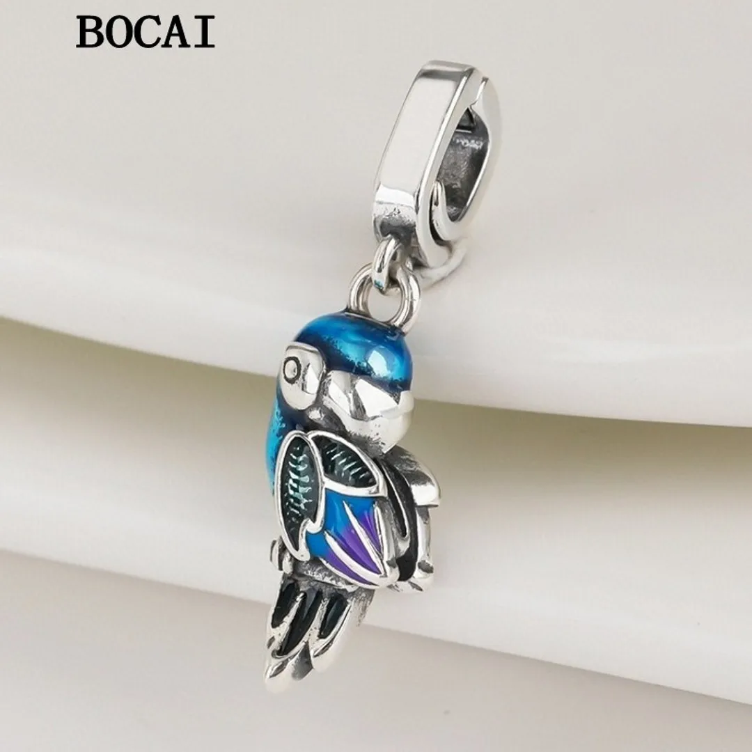 BOCAI NEW S925 Sterling Silver Fashion Cute Jungle Paradise Parrot Pendant Valentine's Day Gift