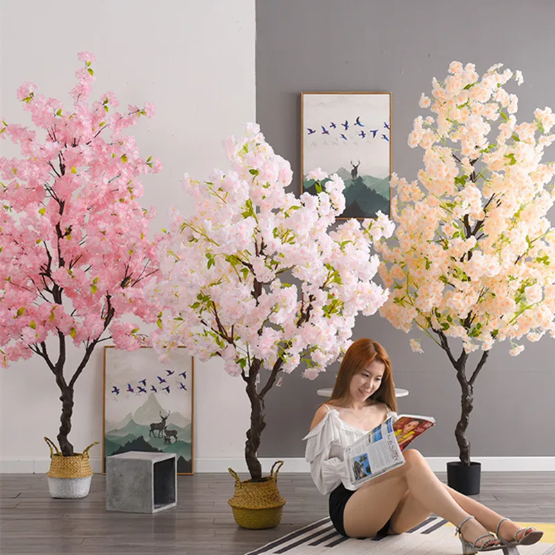 

2M(6.6FT) Tall Artificial Cherry Blossom Flower Tree With Vase For Home Living Room Bonsai Table Plants DIY Wedding Decorations