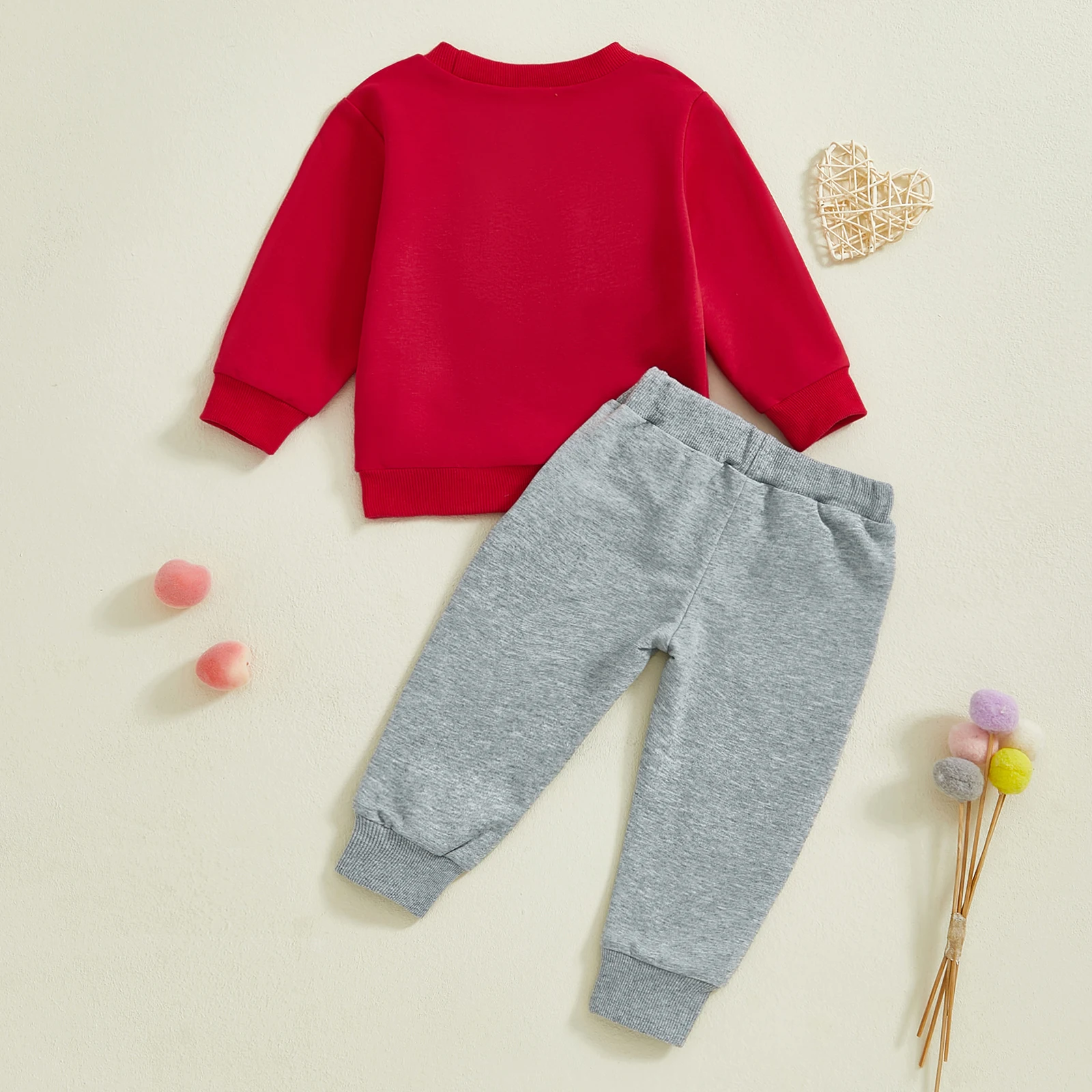 2025Spring Baby Pants Set Long Sleeve Crew Neck Embroidery Letters Sweatshirt with Heart Pants 2-piece Outfit for Valentines Day