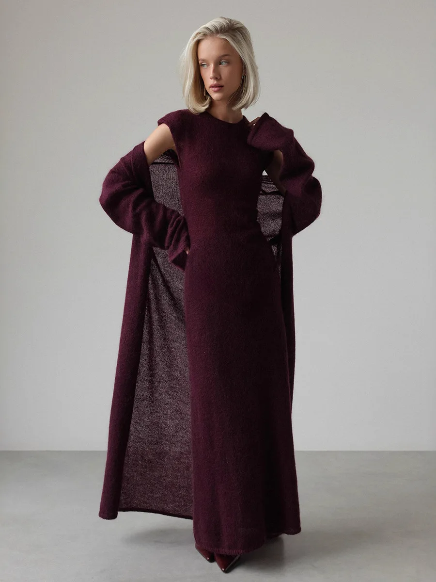 

Autumn Knitted Slim Fit Svel Cardigan And Dr Two Piece Set for Women Commute Sle round Ne mid Length Polyester