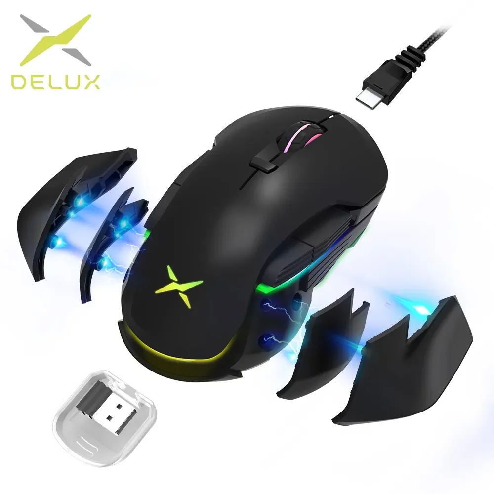 Delux M627 PMW3389 Sensor Wired + Wireless RGB Gaming Mouse 16000 DPI 8 Buttons Left and Right Hand Mice With DIY Side Wings