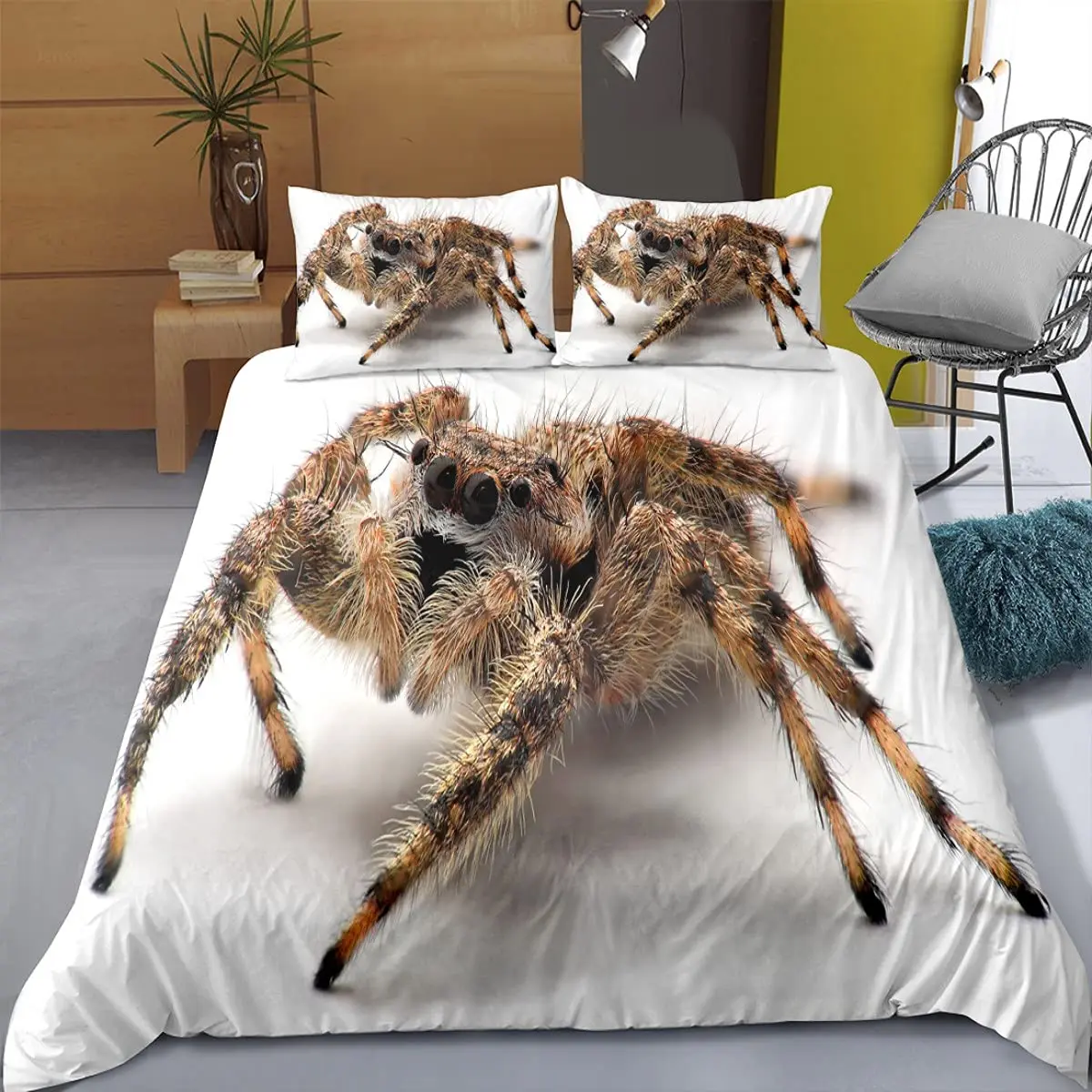 

Tarantula Print Bedding Set King/Queen Size,Black Brown Spider Comforter Cover,Insect Theme Soft Duvet Cover for Kids Teen,white