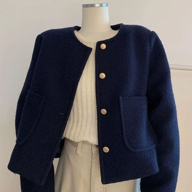 

Latent Blue Small Jacket for Short Women's Autumn Winter New Round Neck French Jacket