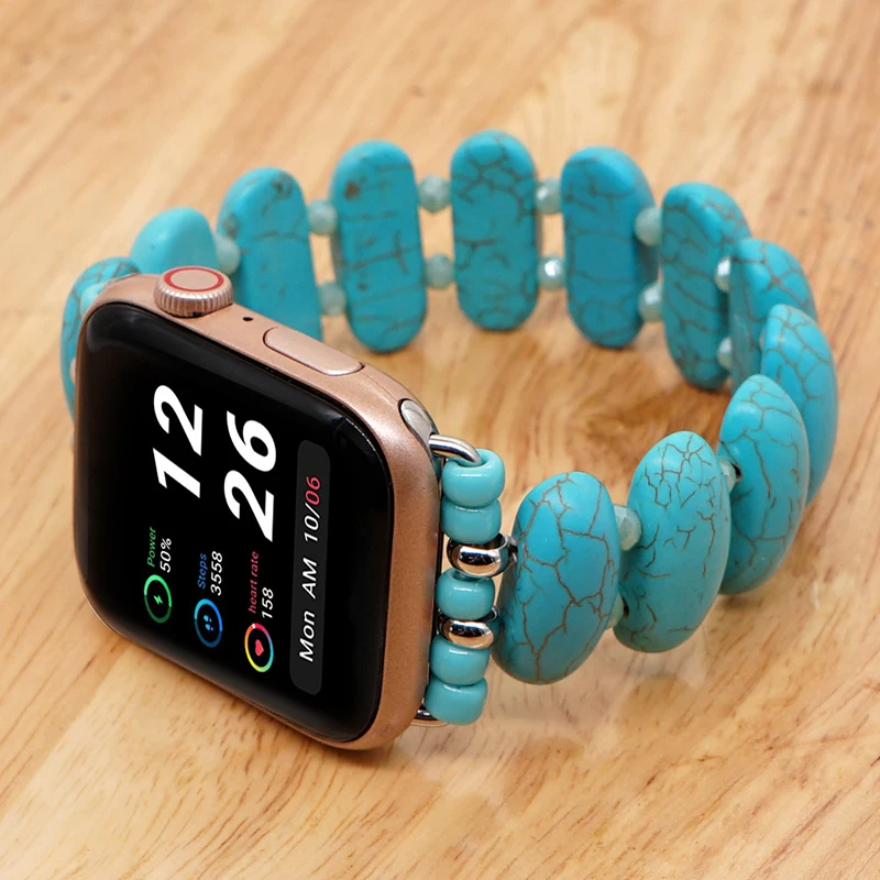 UTHAI Niche Turquoise Semi-Precious Stone Blue Crystal Strap for Apple Watch Band 38 40 42 44mm Bracelet iWatch Series 7 6 5 4 3