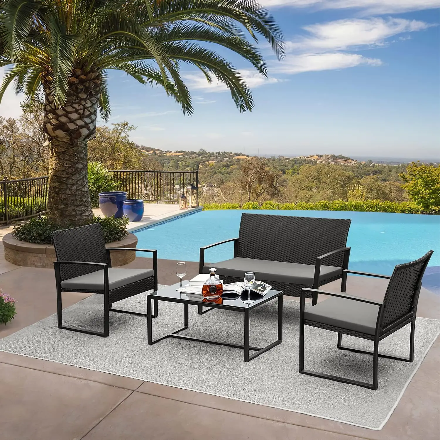 Terrassen set 4 Stück Veranda Möbel im Freien mit Kissen Rattan Gesprächs sofa Set Metall Terrassen tisch und Loves eat Stühle