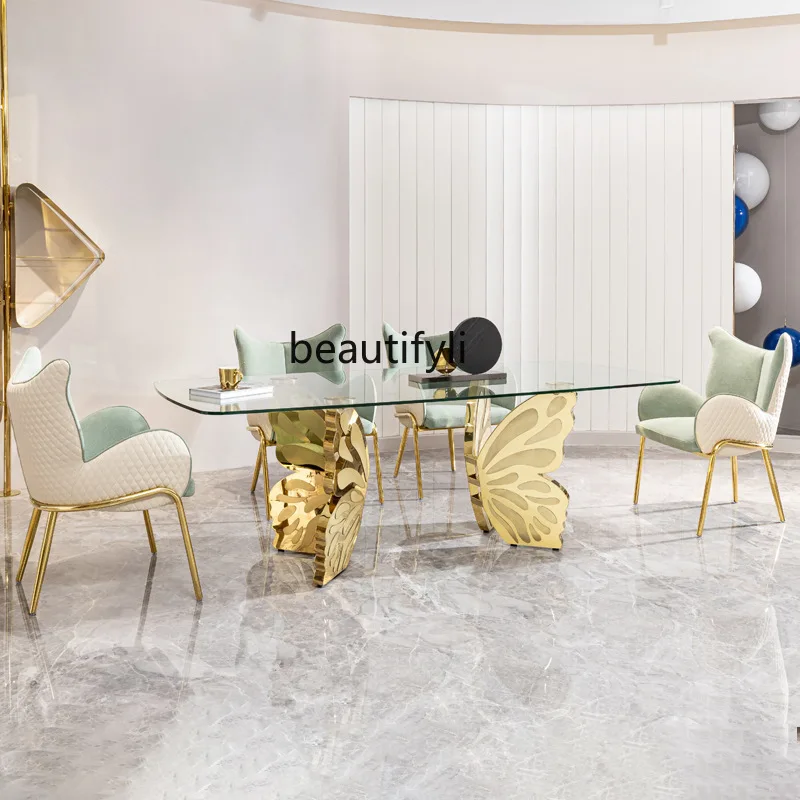 

Light luxury rectangular dining table high-end modern home high-end villa Italian style 1 designer glass dining table and chairs