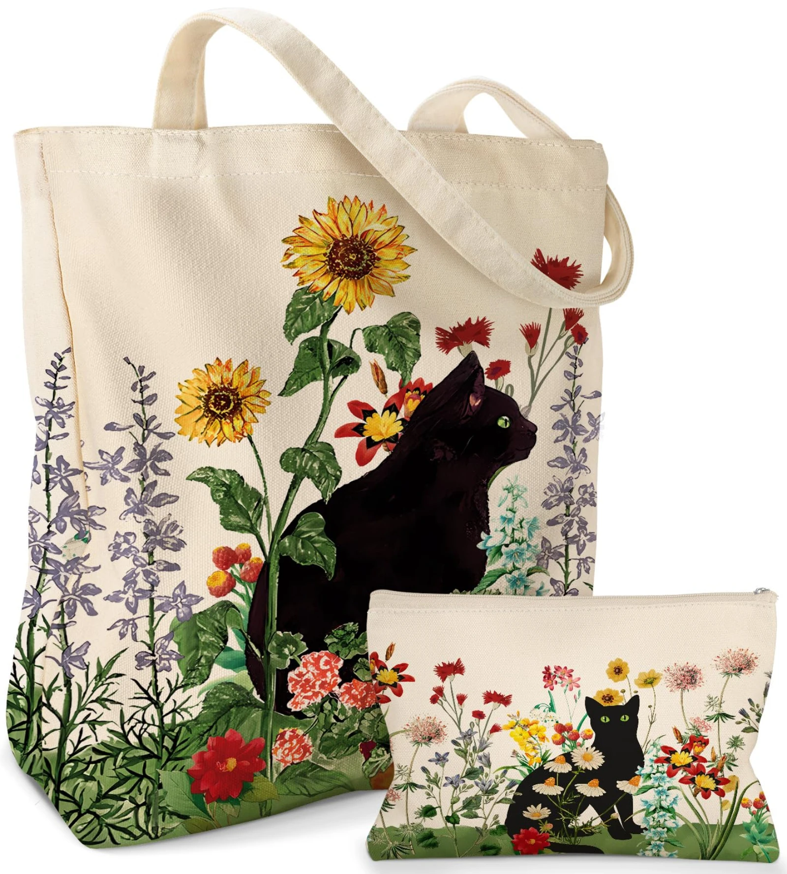 

Black Cat Book Surrounded By Flowers Canvas Tote Bag 2 Set Women's Makeup Zipper Travel Holiday Cute Shopping Gift Bags