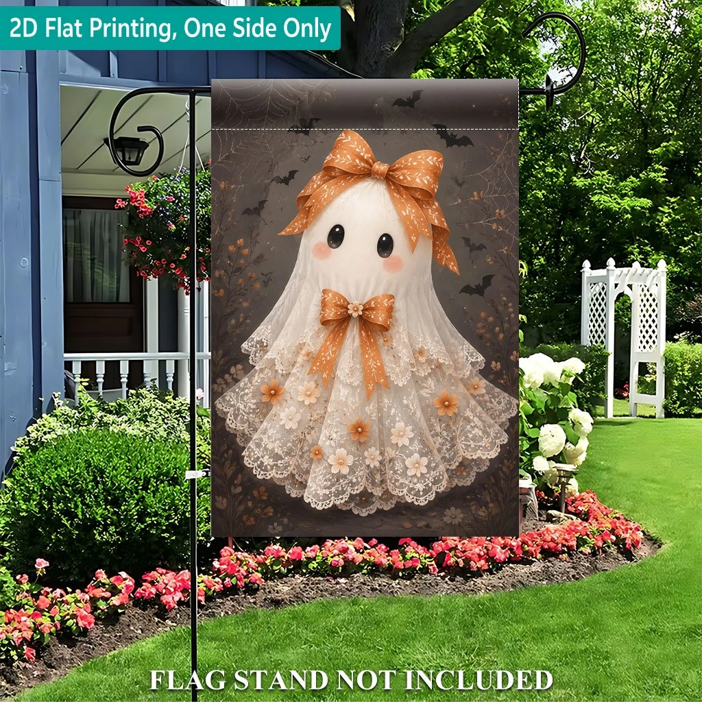 1pcs Vintage Coquette Ghost Halloween Garden Flag Cute Lace Bow Ghost Yard Flag for Fall Halloween Outdoor Decor One Side Print