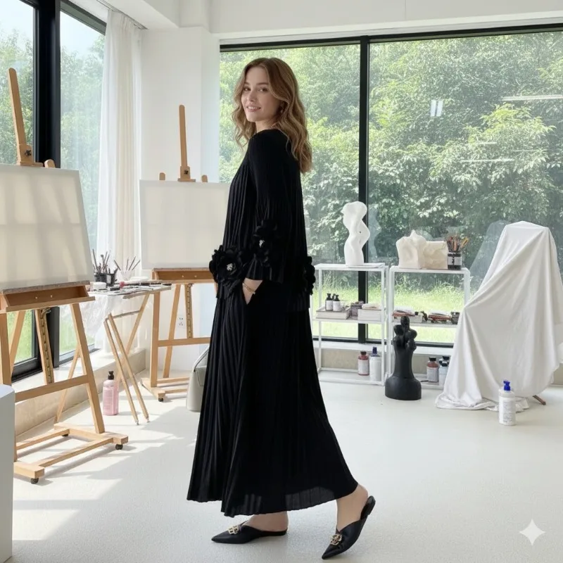 Miyake – ensemble pantalon plissé plissé, nouvelle mode pliable, fleurs tridimensionnelles, haut en perles, pantalon à jambes larges, ensemble de 2 pièces, printemps 2026