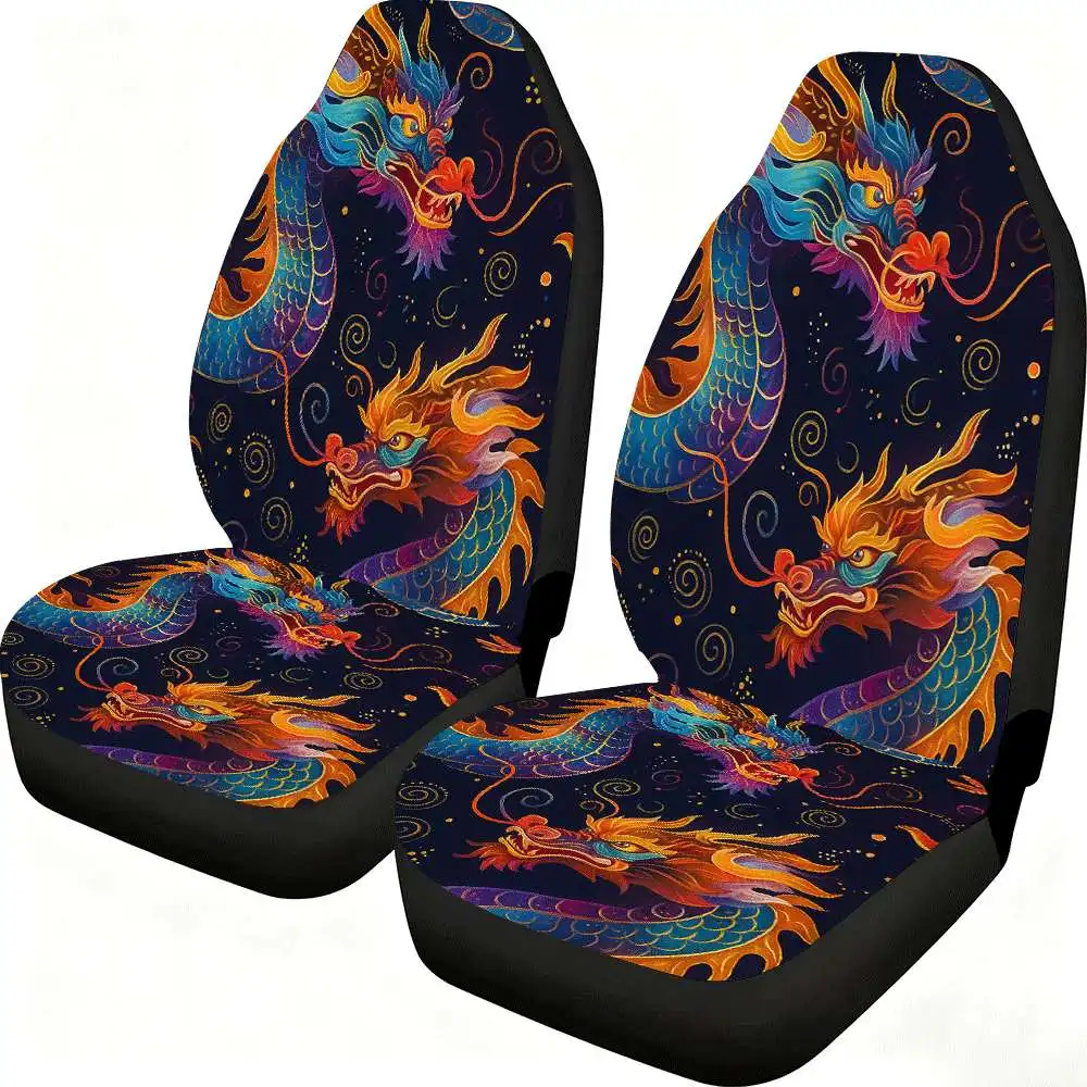 2pcs Colorful Chinese Dragon Pattern Car Seat Covers Suitable For Front Seats, High Back Design, Material, Suitable For Cars, SU
