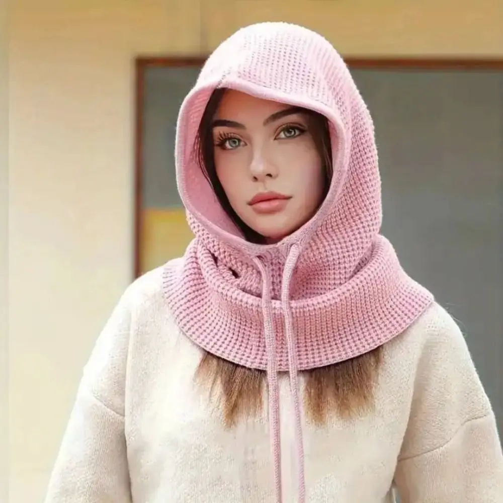 Fashion Solid Color Drawstring Balaclavas Hat Warm Earmuff Pullover Cap Soft Thickened Winter Neckerchief Women
