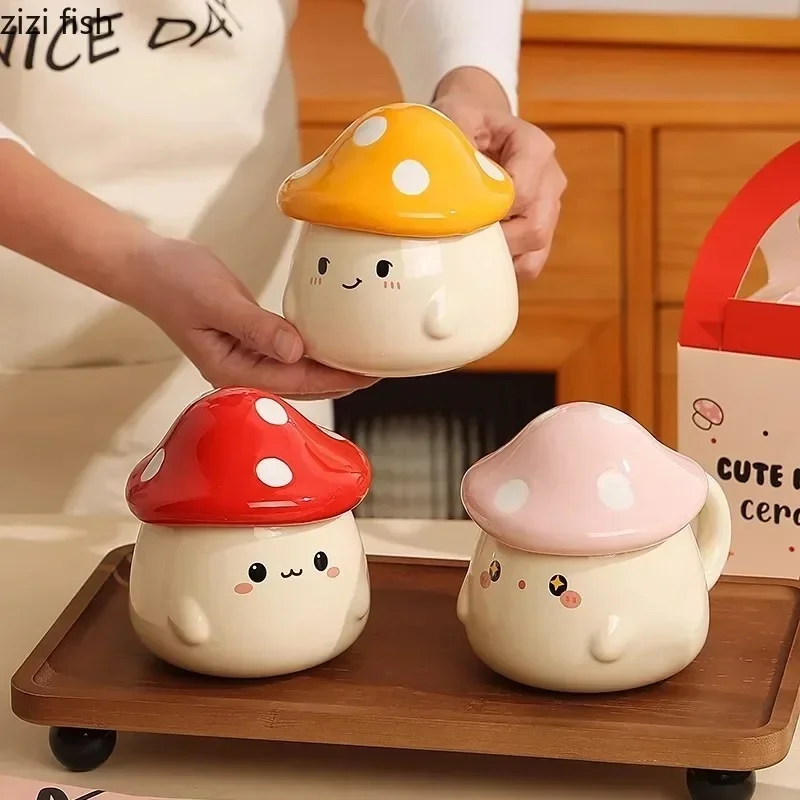 Mushroom Ceramic Mug with Lid Creative Couple's Cup Latte Milk Oat Breakfast Cup Home Office Drinking Tea Cup Set for Daily Use