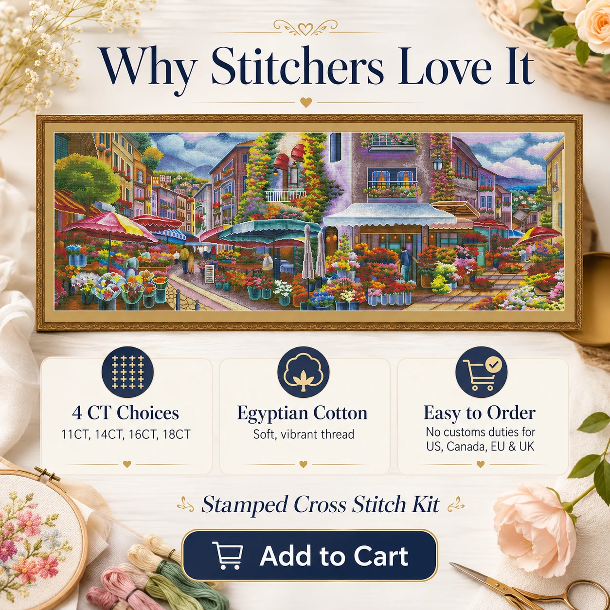 ZZ5855-Romantic Flower Market 11CT 14CT 16CT DIY Stamped Cross Stitch Kit with Printed Canvas and Cotton Threads Embroidery view 3