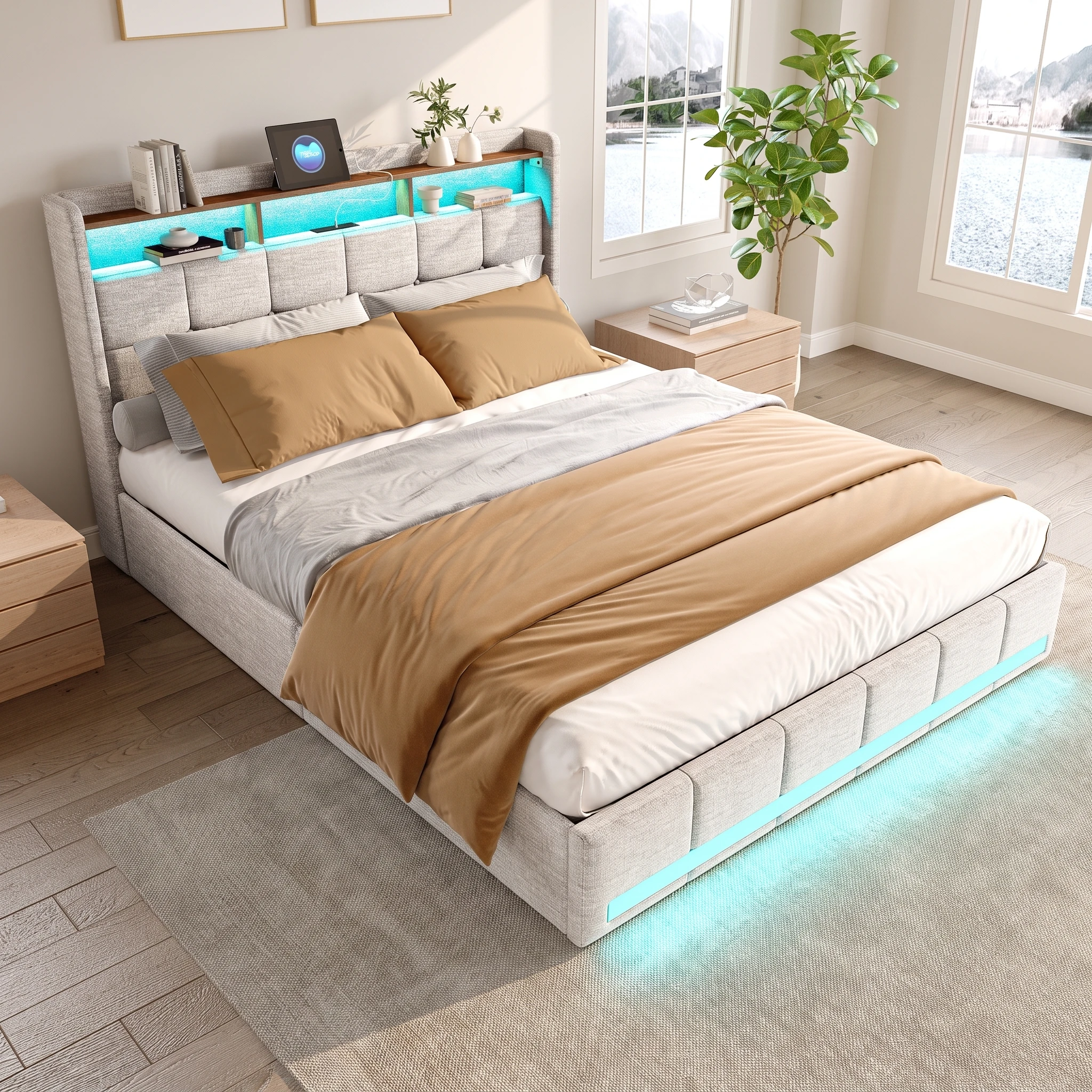 Telaio letto imbottito Anajqaqia, 160×200 cm, letto matrimoniale con 4 cassetti, colore beige, ideale per la camera da letto.
