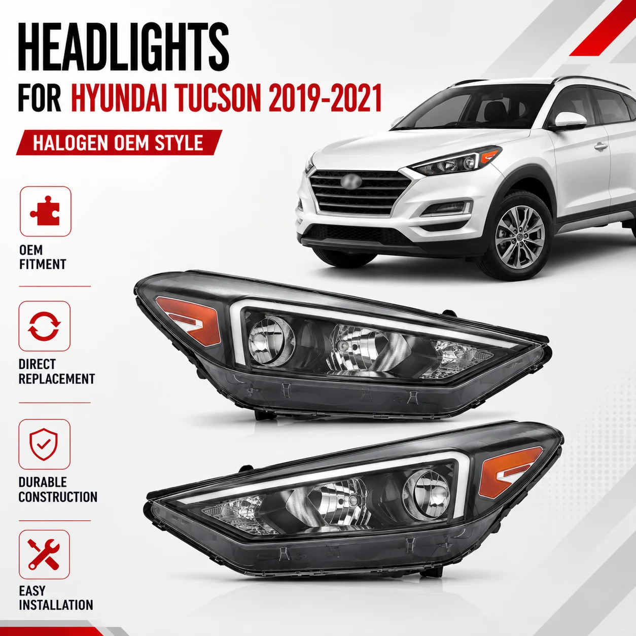 For Hyundai Tucson 2019 2020 2021 1Pair 2PCS Left+Right Side Halogen Front Bumper Head Light Headlamp Headlight