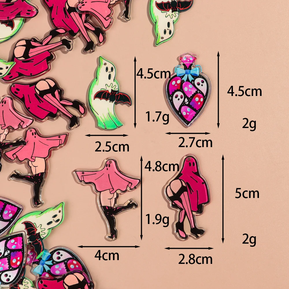 8pcs/lot Halloween Acrylic Print Charms Cute Cartoon Sexy Ghost Bat Poison Pendant for DIY Earring Keychain Jewelry Accessories