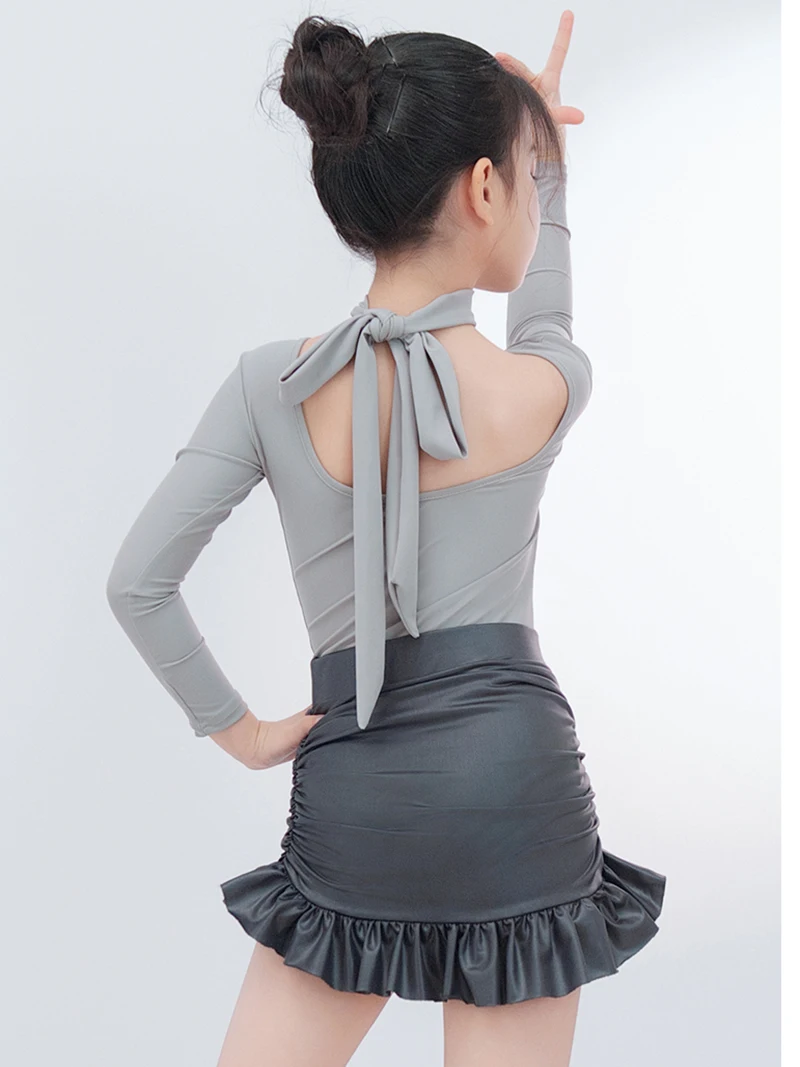 اللاتينية الرقص ارتداءها أعلى التنانير الدعاوى قاعة الرقص الاطفال الفتيات رمادي الكشكشة رومبا Dancewear التدريب تشاتشا أزياء مسرحية #3