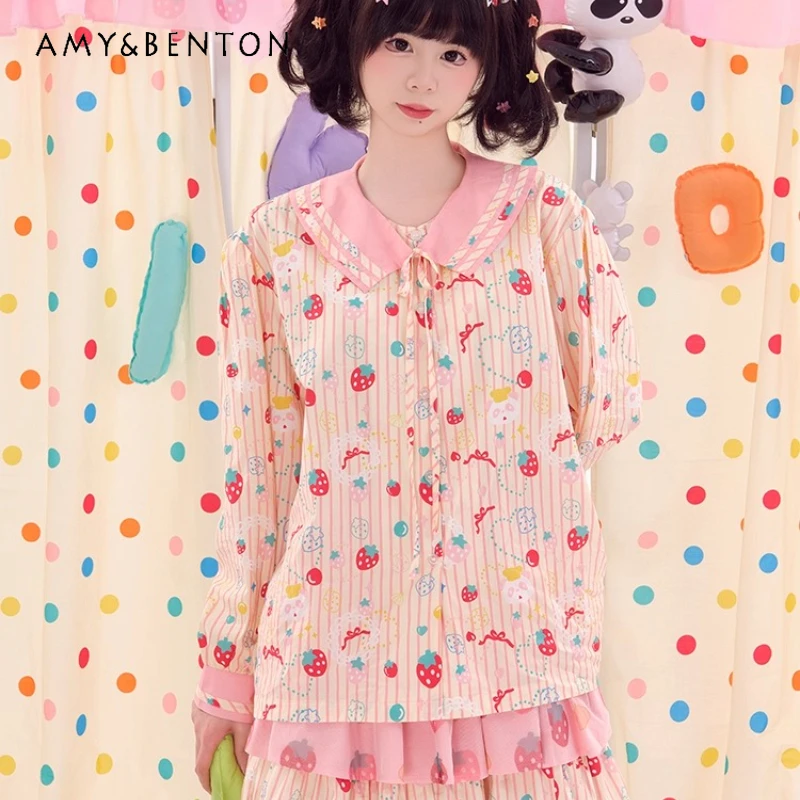 

Japanese Style Design Navy Collar Long Sleeve Women's Shirt 2025 Autumn New Sweet Cute Girl Animal Fruit Print Shirts Ladies