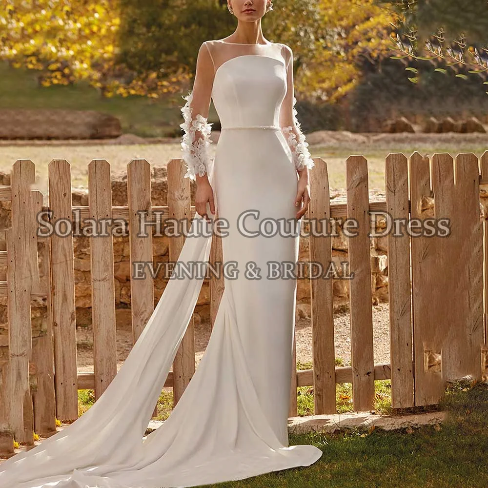 Elegant Mermaid O-neck Sashes Wedding Dresses 3D Flowers Long Sleeves With Chapel Train Bridal Gowns Vestido De Noiva 2026